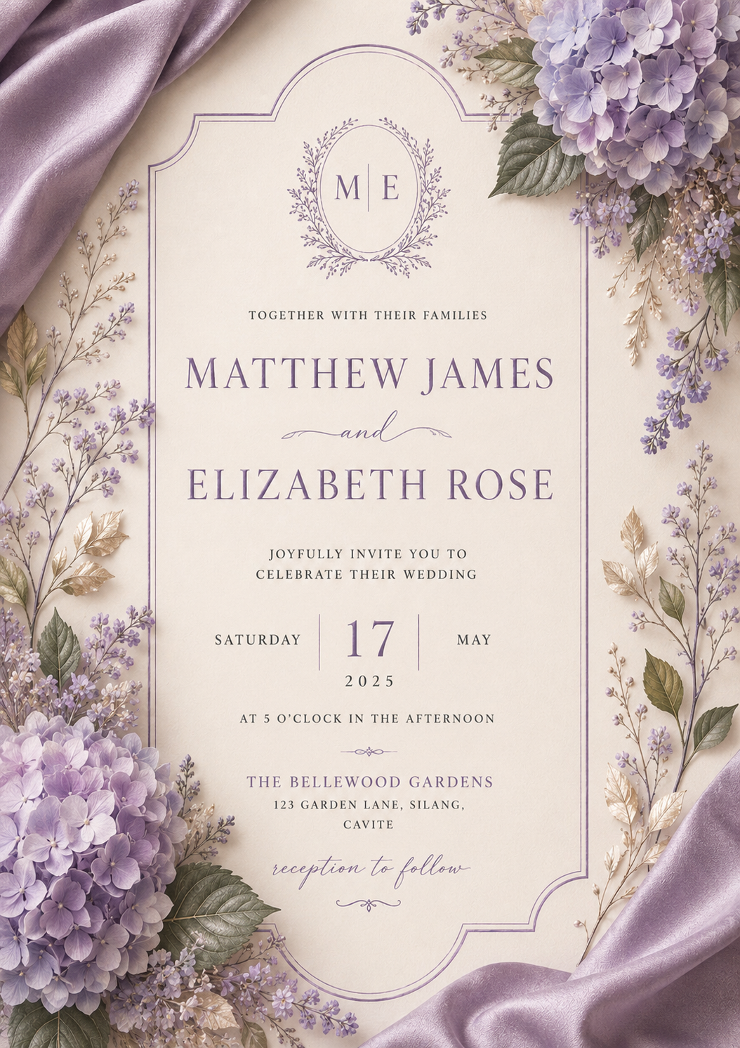 Lavender Hydrangea Crest — wedding invitation design