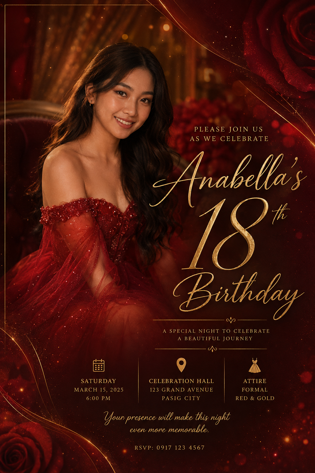 Red & Gold Glamour — debut invitation design