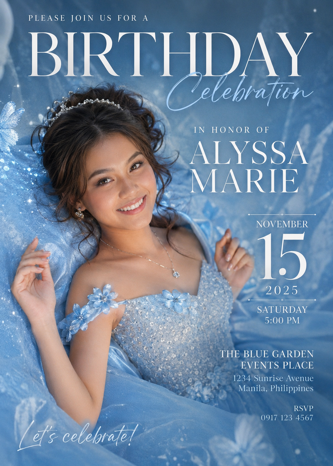 Blue Celebration — debut invitation design