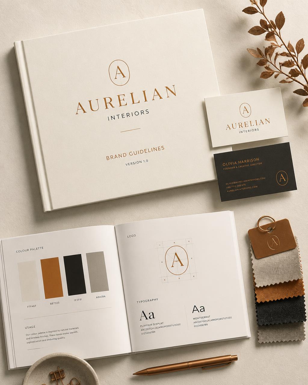 Brand guideline booklet, business cards and colour swatches