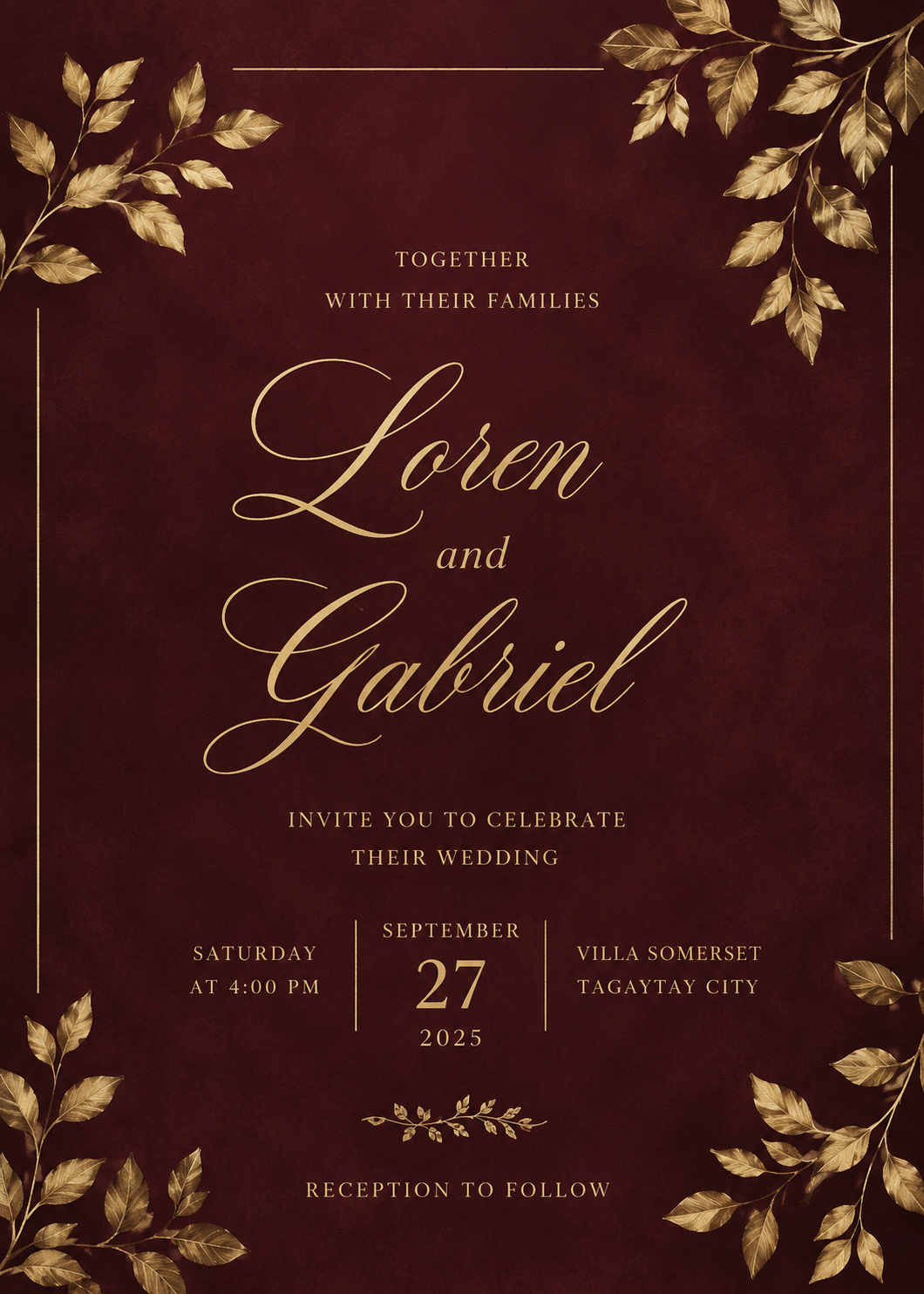 Burgundy & Gold Leaves — wedding invitation design