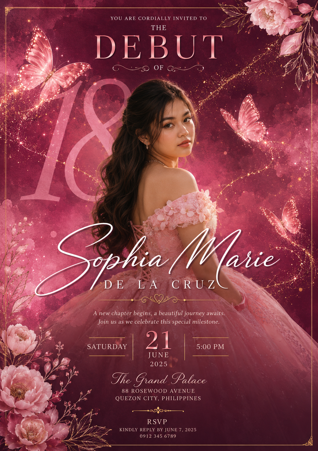 Magenta Butterfly Debut — debut invitation design