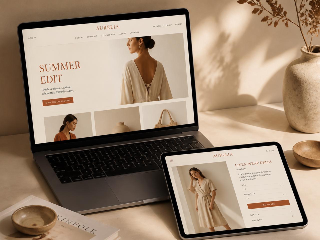 Laptop and tablet showing an editorial fashion e-commerce site