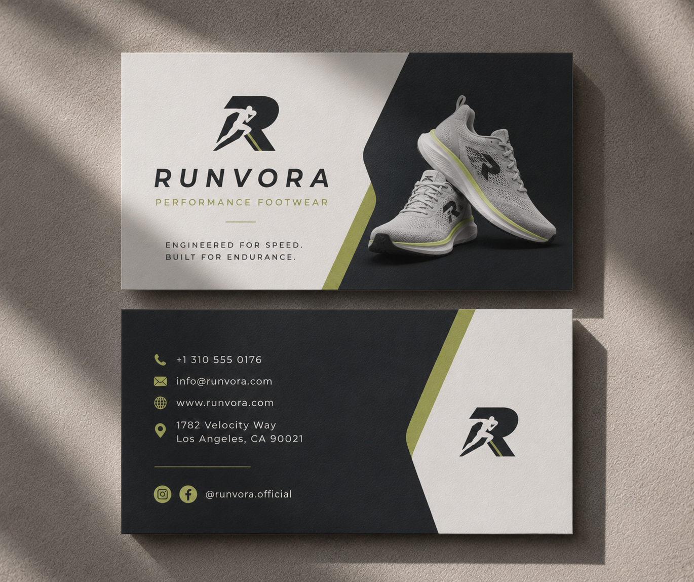 Runvora Performance Footwear business card design
