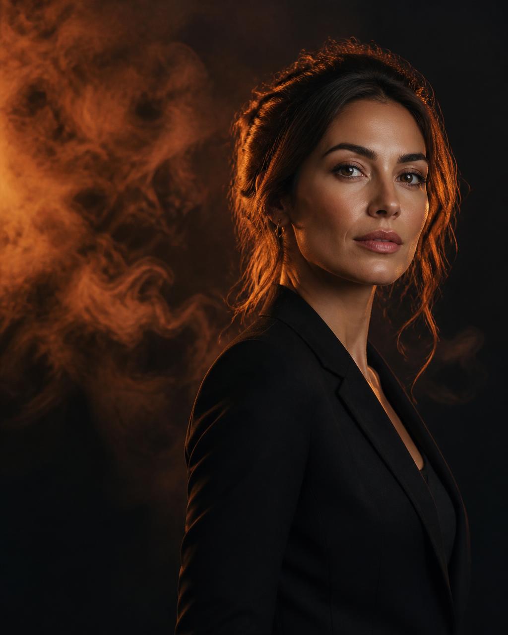 Eleanor Reyes in a black blazer surrounded by warm amber smoke