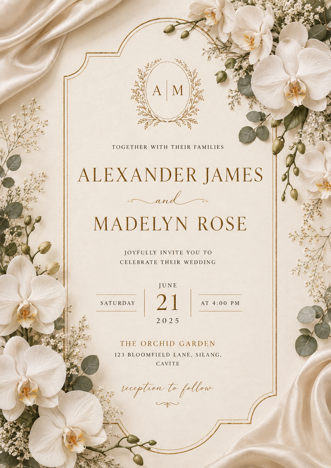Orchid & Gold Crest — wedding invitation design