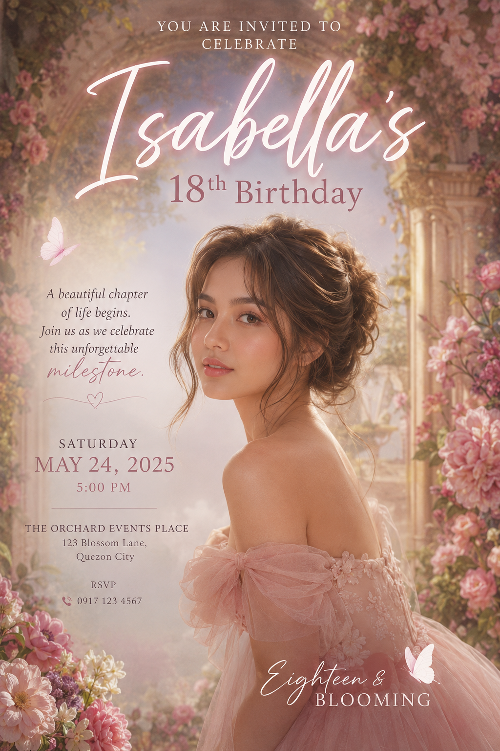 Eighteen & Blooming — debut invitation design