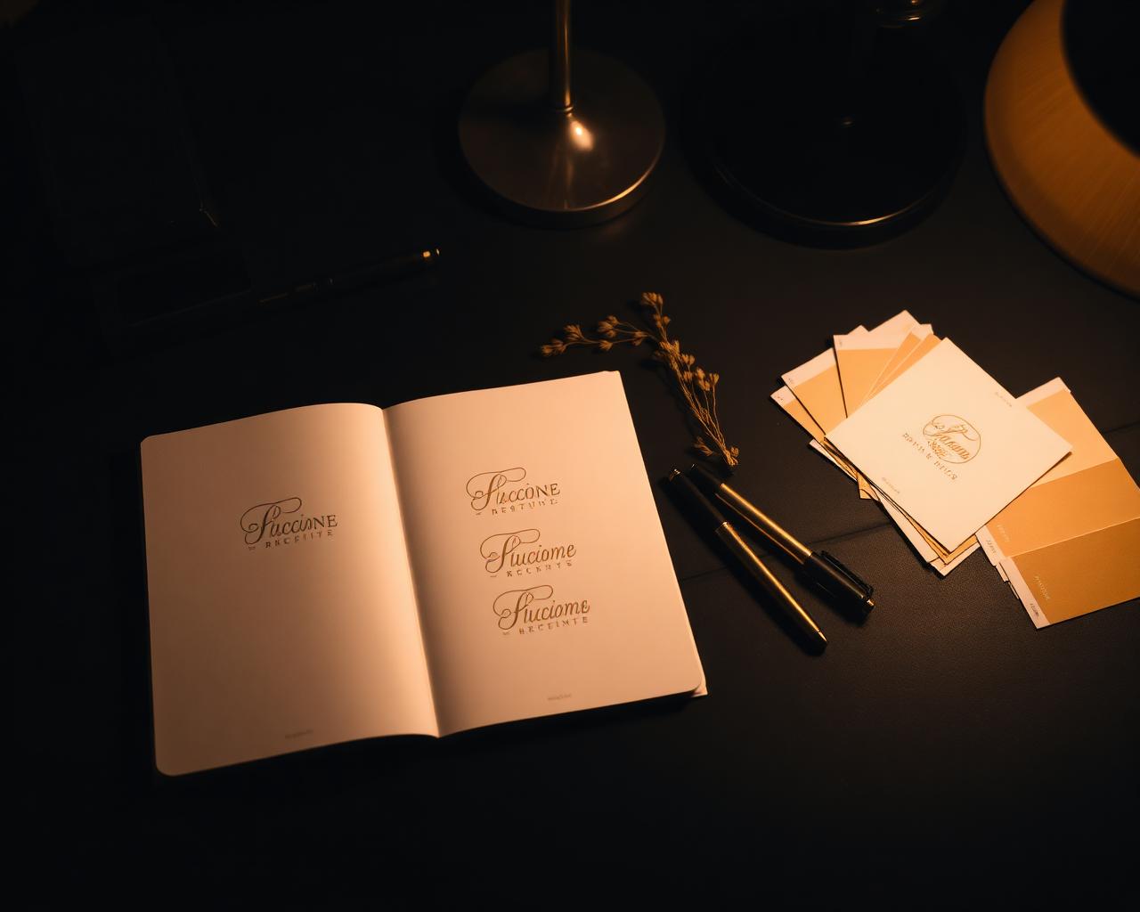 Adriana's studio desk with gold-ink logo sketches and brand swatches
