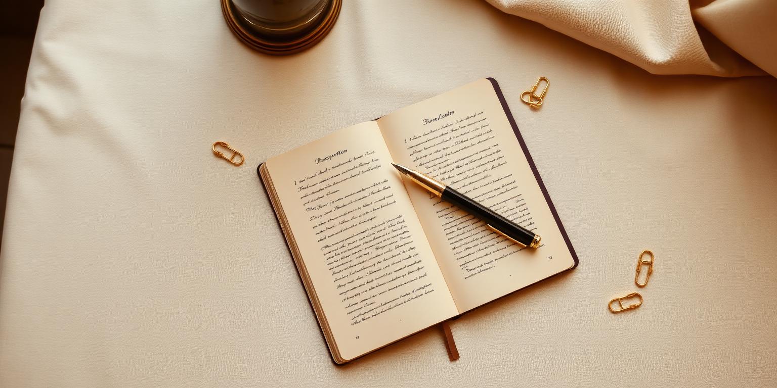 Editorial writing desk with manuscript pages and a fountain pen