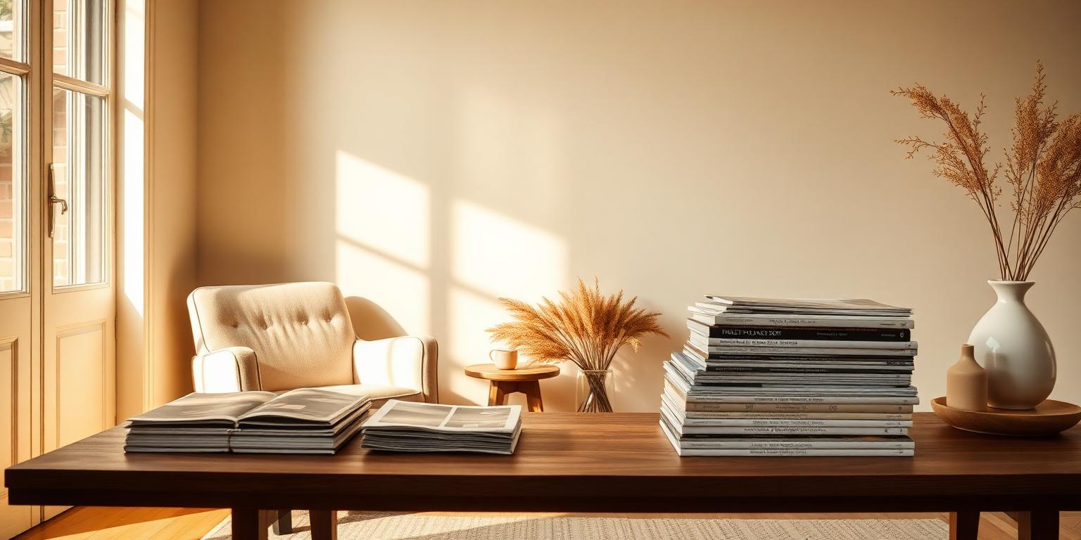 Warm editorial studio with magazines and dried botanicals