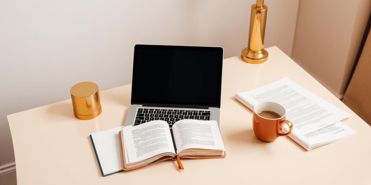 Copywriter's desk with laptop, notebook and printed drafts
