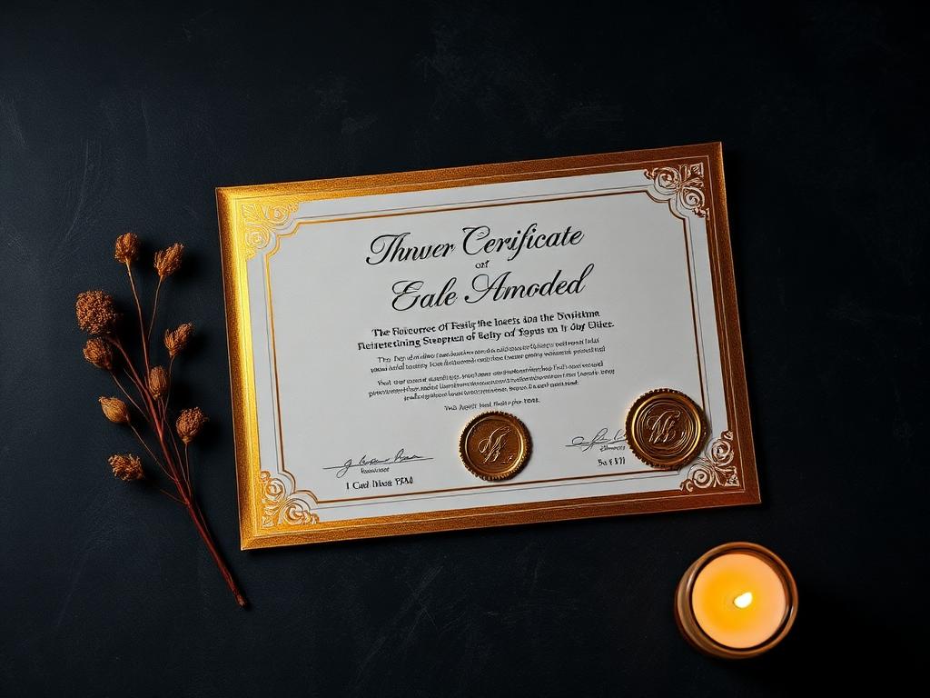 Gold-foil award certificate on a dark surface beside a candle