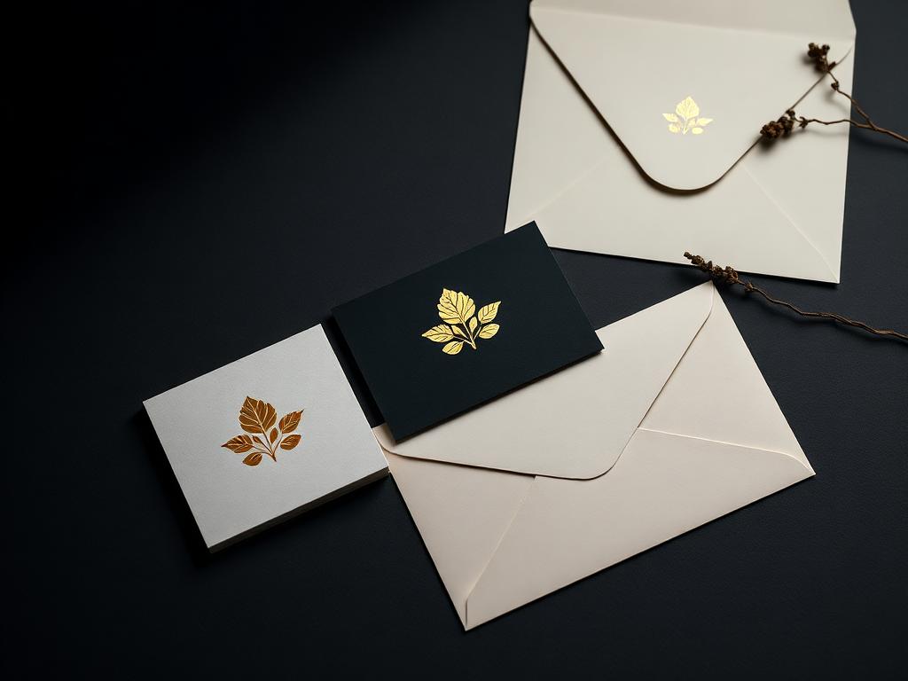 Gold foil botanical brand identity suite on charcoal paper