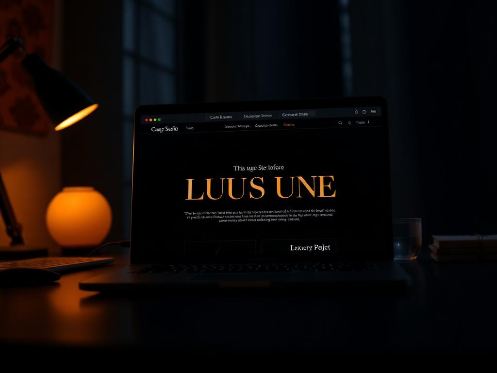 Elegant dark website with gold serif typography on a laptop