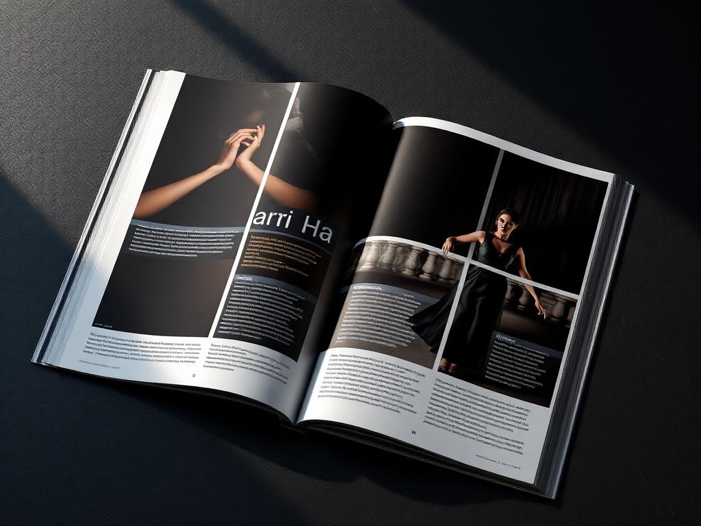 Dark editorial magazine spread with dramatic typography