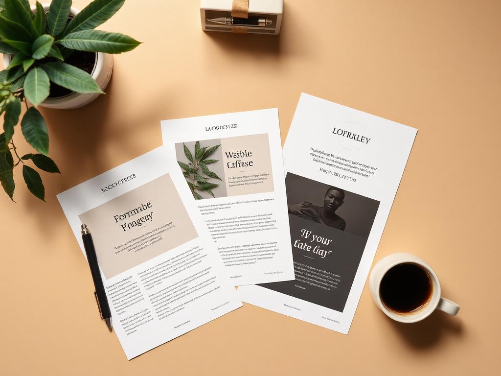 Printed email campaign layouts on a warm beige desk
