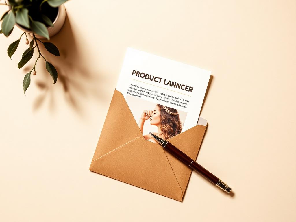 Product launch materials flat lay with envelope and pen