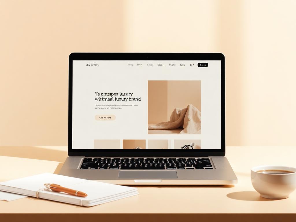 Laptop showing a minimal luxury brand website homepage